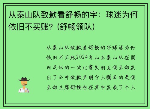 从泰山队致歉看舒畅的字：球迷为何依旧不买账？(舒畅领队)