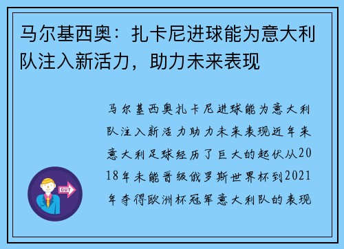 马尔基西奥：扎卡尼进球能为意大利队注入新活力，助力未来表现